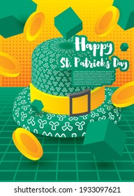 Saint Patrick's Day Festive Banner with Green 3D Hat and Falling Golden Coins with Green Cubes. Vector Illustration. Treasure of Leprechaun. Hat with Shamrock Ornament.