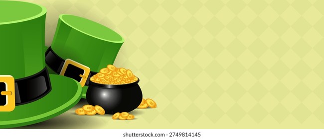 Saint Patricks Day festive banner with pot of gold and hat ideal for marketing campaigns social media posts website banners greeting cards and holiday promotions.
