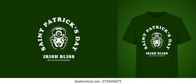 Saint Patricks Day festive design with smiling leprechaun character. Irish Bliss quote. T-shirt print template. Vintage holiday retro badge vector illustration for party celebration