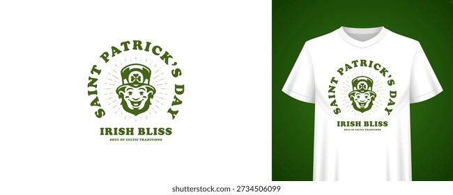 Saint Patricks Day festive design with smiling leprechaun character. Irish Bliss quote. T-shirt print template. Vintage holiday retro badge vector illustration for party celebration