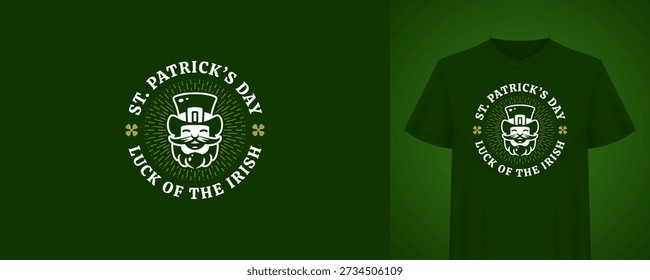 Saint Patricks Day festive design with leprechaun character. Luck of the Irish quote. T-shirt print template. Vintage holiday retro badge vector illustration for party celebration