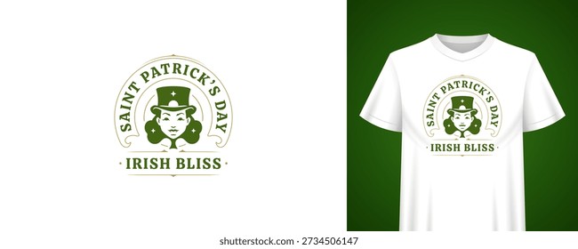 Saint Patricks Day festive design with beautiful girl leprechaun. Irish bliss quote. T-shirt print line art template. Vintage holiday retro badge vector illustration for party