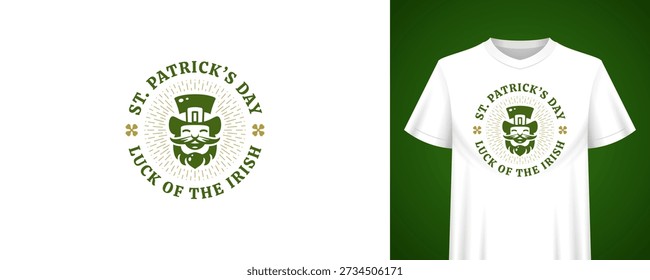 Día de San Patricio diseño festivo con carácter de duende. Suerte de la cita irlandesa. Plantilla con estampado de camiseta. Ilustración vectorial de insignia retro de vacaciones de Antiguas para la celebración de la fiesta
