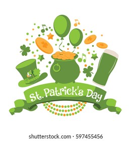 Saint Patrick's Day festive hat, pot of gold, green beer, balloons and ribbon design. For celebration of St. Patrick's Day. EPS 10 vector.