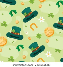 Saint Patrick's Day: Festlicher irischer Feierhintergrund mit Koboldmütze, Goldmünze Pferd Schuh und Klee, Vektor, Illustration