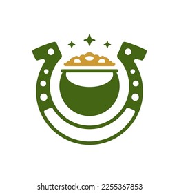 Saint Patrick's Day financial lucky Irish mascot horseshoe pot coin money vintage icon vector flat illustration. Celtic traditional success fortune prosperity national symbol pan with cash currency