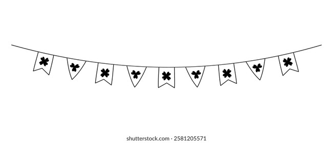 Saint Patricks Day flag banners with shamrocks vector illustration. Isolated festive hanging flags party decoration. Cute design elements for Patricks Day March 17 celebration.