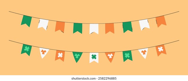 Saint Patricks Day flag banners with shamrocks vector illustration. Isolated festive hanging flags party decoration. Cute design elements Patricks Day March celebration. Green, orange, white colors.