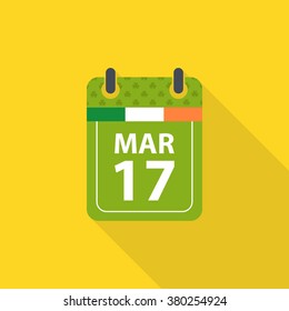 Saint Patrick's day flat calendar icon with long shadow. Vector illustration.