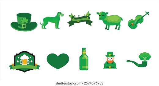 Saint Patrick's Day flat icons set on white background. Modern irish symbols in cartoon style