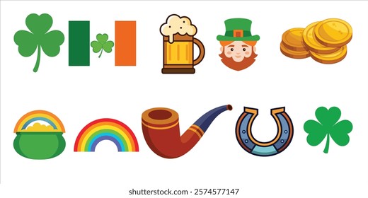 Saint Patrick's Day flat icons set on white background. Modern irish symbols in cartoon style