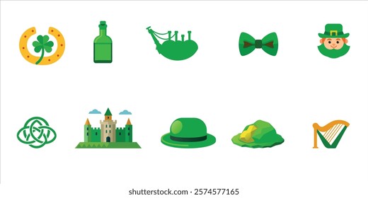 Saint Patrick's Day flat icons set on white background. Modern irish symbols in cartoon style