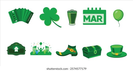 Saint Patrick's Day flat icons set on white background. Modern irish symbols in cartoon style