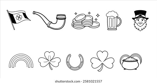 Saint Patrick's Day flat icons set on white background. Modern irish symbols in cartoon style. Colored vector illustration