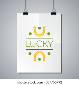 Saint Patricks Day Flat Style Typographical Element with Horse Shoe and Shamrocks. Lucky. Poster Mockup Template with Lettering Element. 