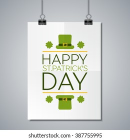 Saint Patricks Day Flat Style Typographical Design with  Leprechaun Hat and  Shamrocks. Happy St. Patricks Day. Poster Mockup Template with Lettering Element. 
