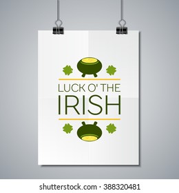 Saint Patricks Day Flat Style Typographical Element with  Leprechaun Pot of Gold and Shamrocks. Luck of the Irish. Poster Mockup Template with Lettering Element. 