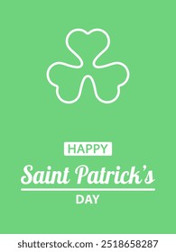 Día de San Patricio, diseño de Vector plano para Anuncio o póster. Texto blanco Feliz día de San Patricio y hoja de trébol aislado sobre fondo verde.