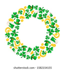 Saint Patricks Day frame - cartoon round composition with shamrock or clover leaves, golden coins, bowler hat, horseshoe and beer cup, traditional folk holiday symbols or festive decorations, vector