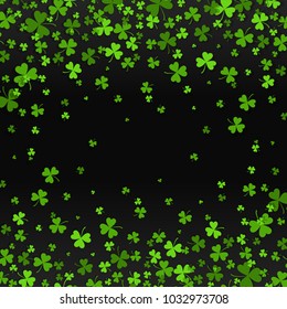 Saint Patrick's Day frame with green four and tree leaf clovers on black background. Vector illustration. Party invitation design, typographic template. Lucky and success symbols