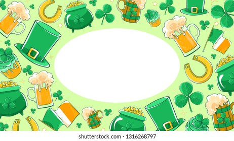 Saint Patricks Day frame. Green silk hat, flag Ireland, pot of gold coins, shamrocks, horseshoe and beer stein. 