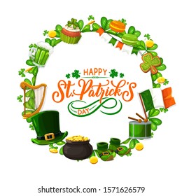 Saint Patricks day frame of holiday symbols. Vector border of green shamrock leaves, mug of beer and gingerbread cookies. National flag of Ireland, leprechauns hat and pot of gold, harp and shoes