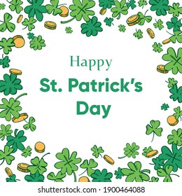 Saint Patrick's Day frame template with golden coins, shamrocks and greeting. Hand drawn vector sketch illustration