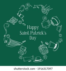 Saint Patrick's Day frame template in the shape of shamrock. Traditional objects - hat, harp, beer, bagpipes, pot. Hand drawn outline vector sketch illustration
