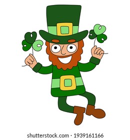 Saint Patrick's Day funny character stock vector illustration. Smiling cartoon Patrick with shamrocks clipart isolated on white. Hand drawn saint patron of Ireland colorful clipart. One of a series