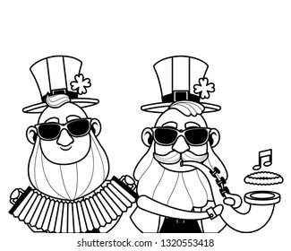 Saint patricks day funny elves cartoons in black and white