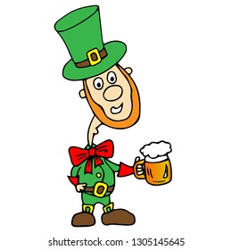 Saint Patrick's Day. Funny Leprechaun with pint beer on a light background. Vector illustration cartoon isolated silhouette