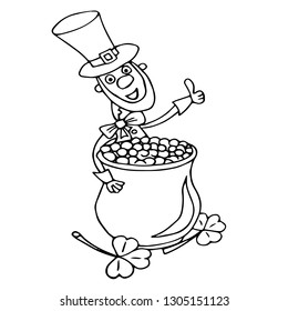 Saint Patrick's Day. Funny Leprechaun with leaf clover on a light background. Vector illustration cartoon isolated silhouette