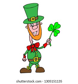 Saint Patrick's Day. Funny Leprechaun with leaf clover on a light background. Vector illustration cartoon isolated silhouette