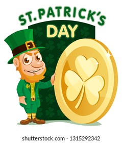  Saint Patrick's Day. Funny leprechaun holds gold coin with clover. Cartoon styled vector illustration. Elements are grouped. No transparent objects.