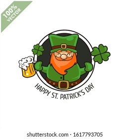 Saint Patrick's Day. Funny Leprechaun on a circle background. Vector illustration cartoon isolated silhouette