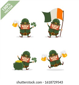 Saint Patrick's Day. Funny Leprechaun with four different poses activity. Vector illustration cartoon isolated silhouette