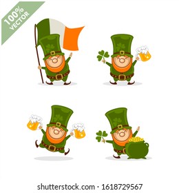 Saint Patrick's Day. Funny Leprechaun with four different poses activity. Vector illustration cartoon isolated silhouette