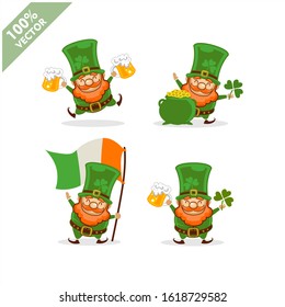 Saint Patrick's Day. Funny Leprechaun With Four Different Poses Activity. Vector Illustration Cartoon Isolated Silhouette