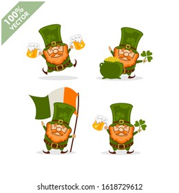 Saint Patrick's Day. Funny Leprechaun with four different poses activity. Vector illustration cartoon isolated silhouette