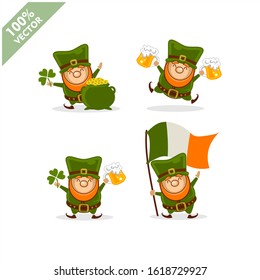 Saint Patrick's Day. Funny Leprechaun with four different poses activity. Vector illustration cartoon isolated silhouette