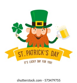 Saint Patrick's Day. Funny Leprechaun with leaf clover and pint beer on a light background. Vector illustration.