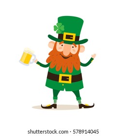 Saint Patrick's Day. Funny Leprechaun with a pint beer on a light background. Vector illustration.