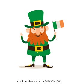 Saint Patrick's Day. Funny Leprechaun with a flag of Ireland on a light background. Vector illustration.