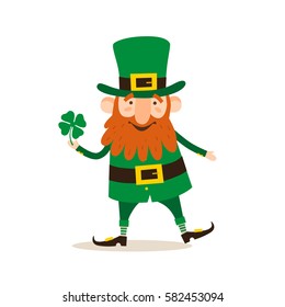 Saint Patrick's Day. Funny Leprechaun with leaf clover on a light background. Vector illustration.