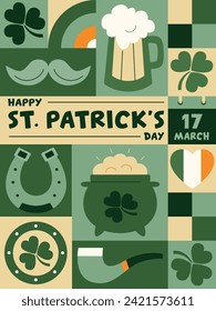 St. Patricks Tag geometrisches Poster im Retro-Stil mit Symbolen des Glücks. Shamrock, Topf aus Goldmünzen, Rohr, Regenbogen, Hufeisen, Bier. Vektorvorlage mit irischen Elementen in grünen Tönen. 