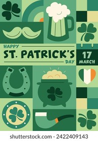 Saint Patrick's day geometric poster in retro style with symbols of luck. Shamrock, pot of gold coins, pipe, rainbow, horseshoe, beer. Vector template with Irish Elements in green tones. 