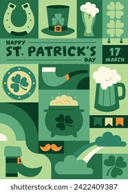 Saint Patrick's day geometric poster in retro style with symbols of luck. Shamrock, pot of gold, pipe, leprechaun hat and shoe, horseshoe, beer. Vector template with Irish Elements in green tones. 