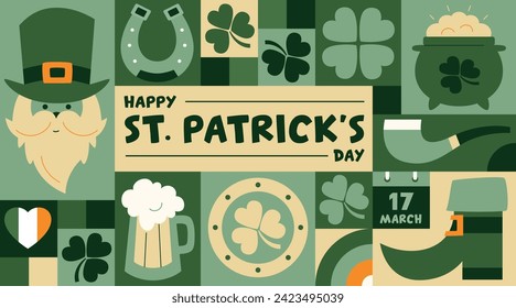Saint Patrick's day geometric poster in retro style with symbols of luck. Shamrock, pot of gold coins, leprechaun, horseshoe, beer. Vector template with Irish Elements in green tones. 