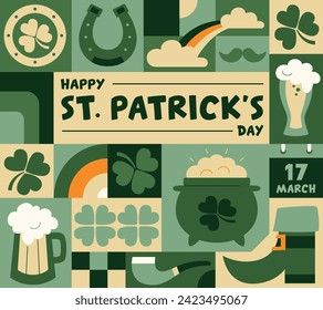 Saint Patrick's day geometric poster in retro style with symbols of luck. Shamrock, pot of gold coins, pipe, rainbow, horseshoe, beer. Vector template with Irish Elements in green tones. 