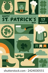 Saint Patrick's day geometric poster in retro style with symbols of luck. Shamrock, pot of gold, pipe, leprechaun hat and shoe, horseshoe, beer. Vector template with Irish Elements in green tones. 